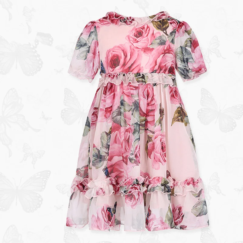 

WL.MONSOON Brand children 2018 summer New girl Floral Chiffon dress Lace short sleeve Princess dress