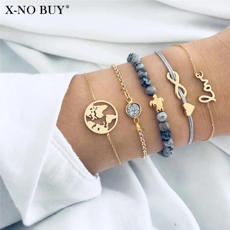 

5pcs Handmade Nature Stone Beads Bracelets Set Women Link Chains Turtle Number 8 Letter Love World Map Heart Pendant Bangles