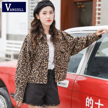 

Vangull Leopard Women Jacket Spring Casual Long Sleeve Female Short Jacket Single Breasted Turn-down Collar Loose Outwears Tops