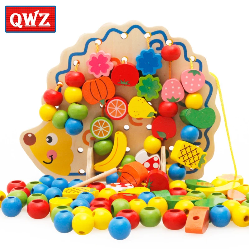 QWZ Обучающие деревянные игрушки-головоломки 82 шт. Ежик фрукты бусины Монтессори Oyuncak обучающие игрушки для детей Подарки