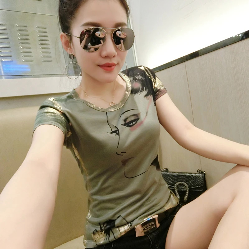 

2019 summer fashion hot gold short-sleeved print T-shirt female Slim thin print women tops round neck white Tshirt women 23202
