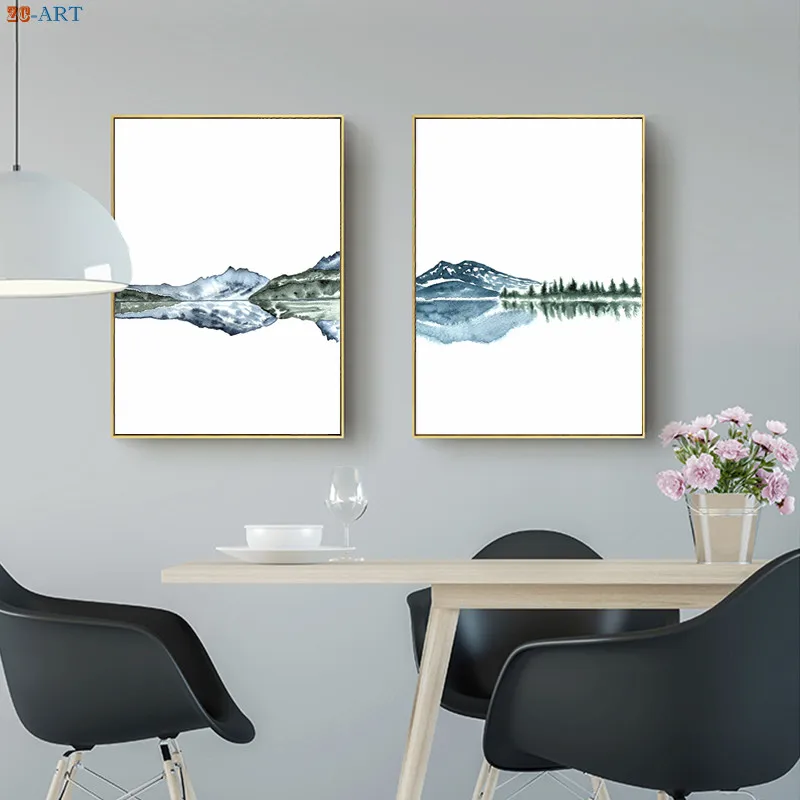 Синий Зеленый Wall Art Абстрактная живопись печати горы плакат с озером пейзаж холст