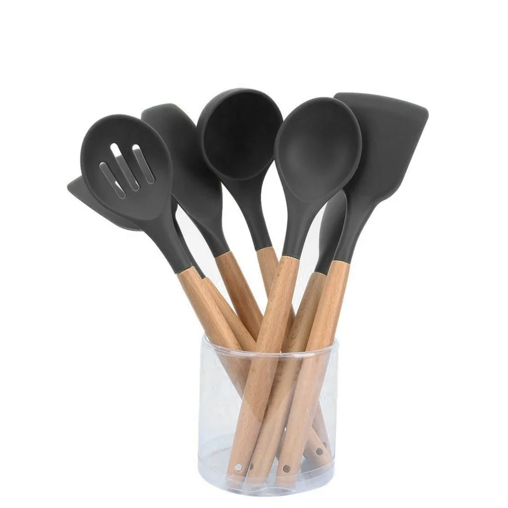 Practical Silicone Cooking Tools Anti-Slip Wood Handle Kitchen Colander Spoon Butter Scraper Fried Shovel Kitchen Utensils
