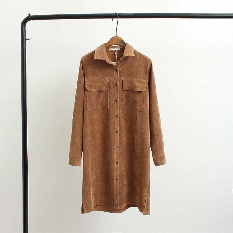 Autumn Corduroy Fabric Woman Clothing Solid Color Fashion Ladies Long Coats New Style Loose Polo Collar Vintage Coats4