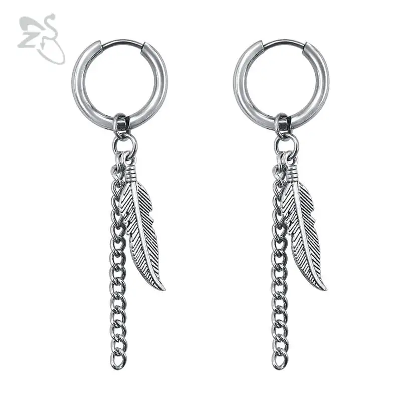 

ZS 1 Pair KPOP Trendy SUGA Earrings Small Round Earrings Stainless Steel Dangle Earrings Long Tassel Feather Dangle pendientes