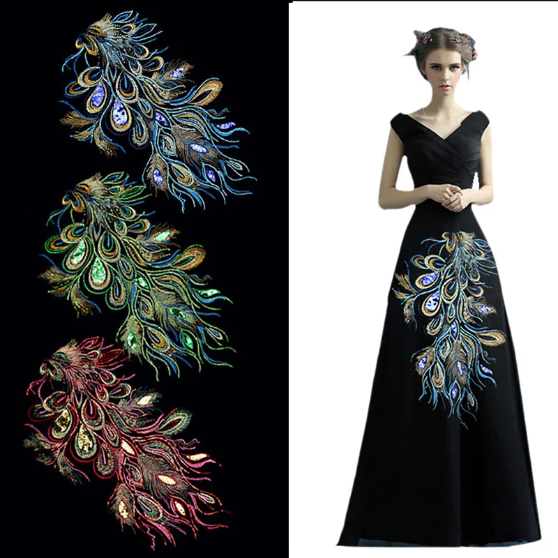 

DIY Craft Embroidered Sequins Peacock Cloth Feather Applique Sew Trim 60X35cm