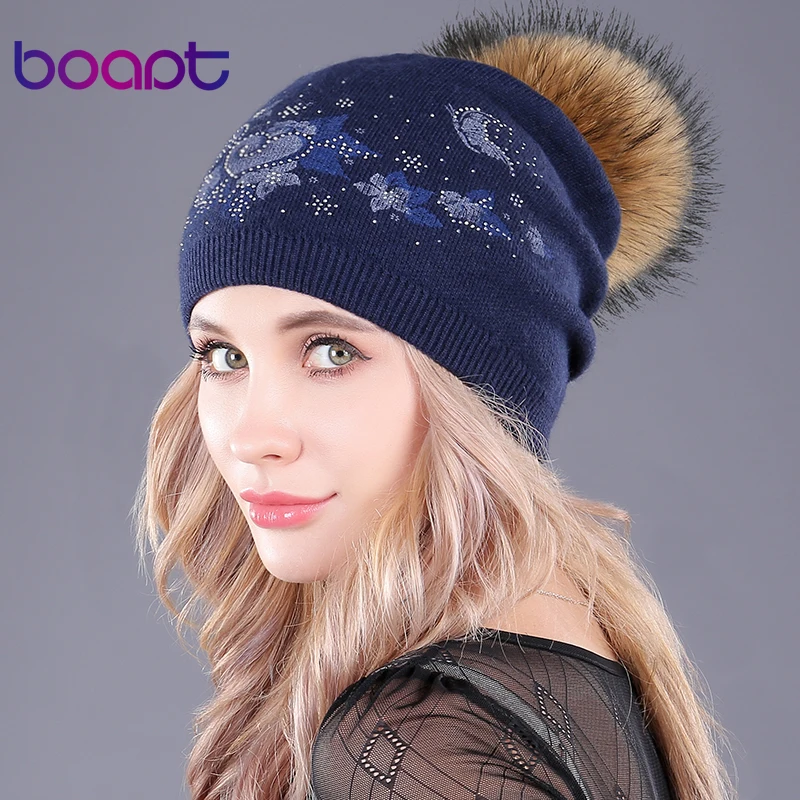 

[boapt] real natural raccoon fur hats for women 's winter caps wool knitted hat skullies beanies printing folds fluffy pompon