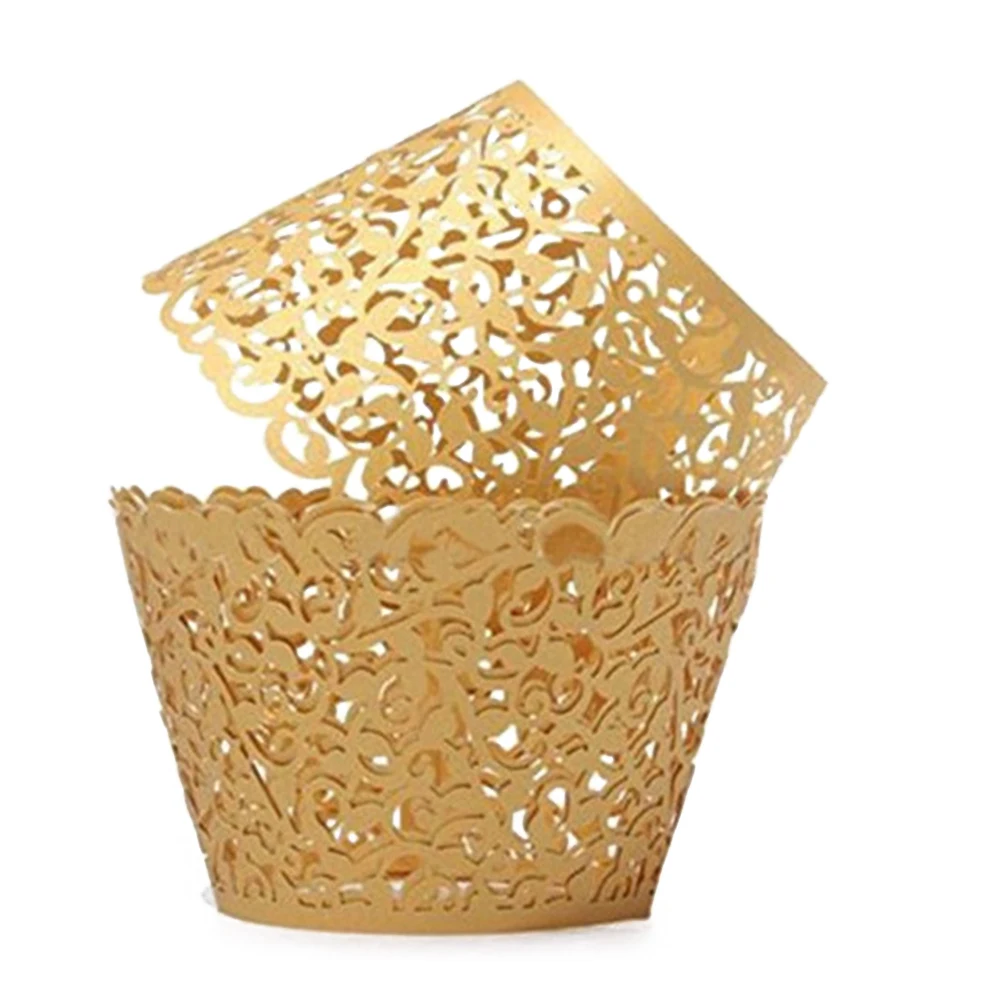 

24Pcs Cake Holder Hollow Out Wedding Birthday Baby Shower Filigree Vine Decor Wrapper Wraps Cupcake Cases (Golden) Colorful