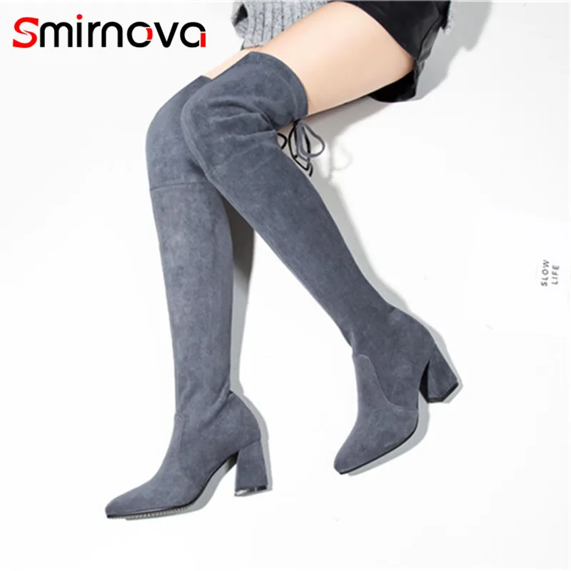 

Smirnova NEW high heels thigh high boots 2020 autumn winter flock woman long boots black pointed toe over the knee boots ladies