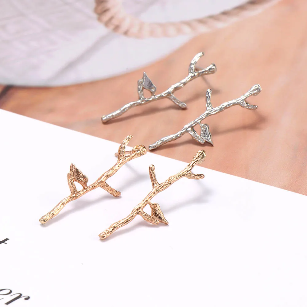 Fashion Unique Bird On Branch Stud Earring Metal Tree Branches Lovely Bird Ear Stud Earrings For Women Brincos