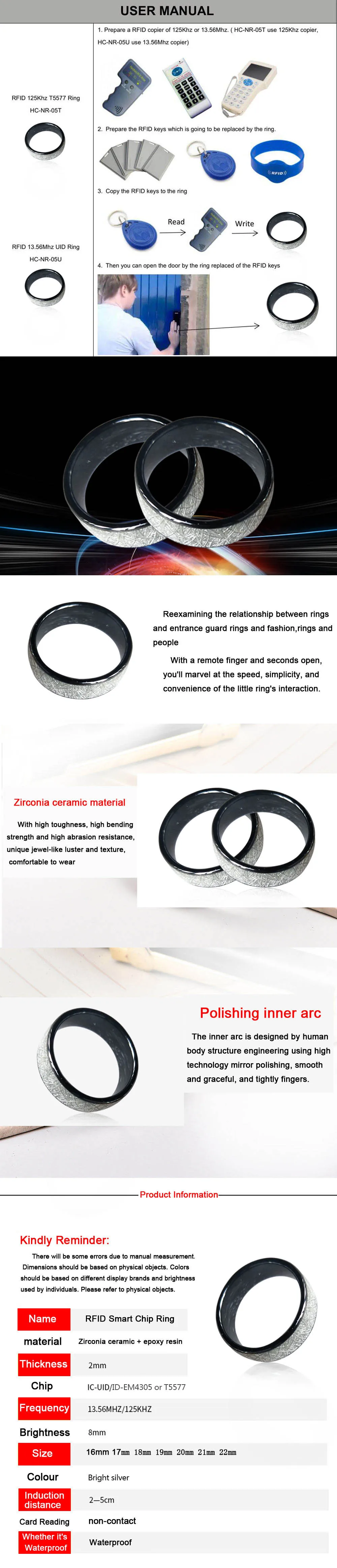 125KHZ or 13.56MHZ RFID Ceramics Smart Finger Bright silver Ring Wear for Men or Women wifi padlock