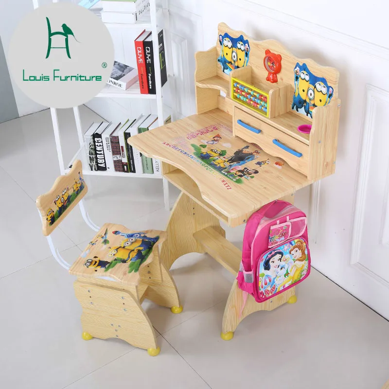 

Louis Fashion Children's Furniture Sets Learning Cartoon Pupil Desk Myopia Prevention Desk Chair Solid Wood Color Can Be Lifted