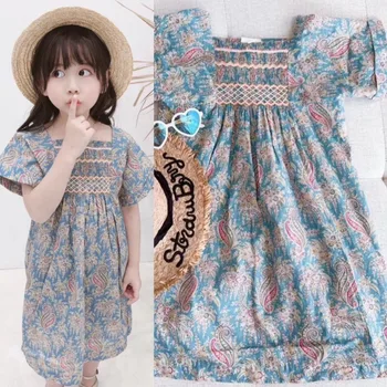 

Girls dresses Smocking design 100% cotton floral print dress soft high quality girl dress