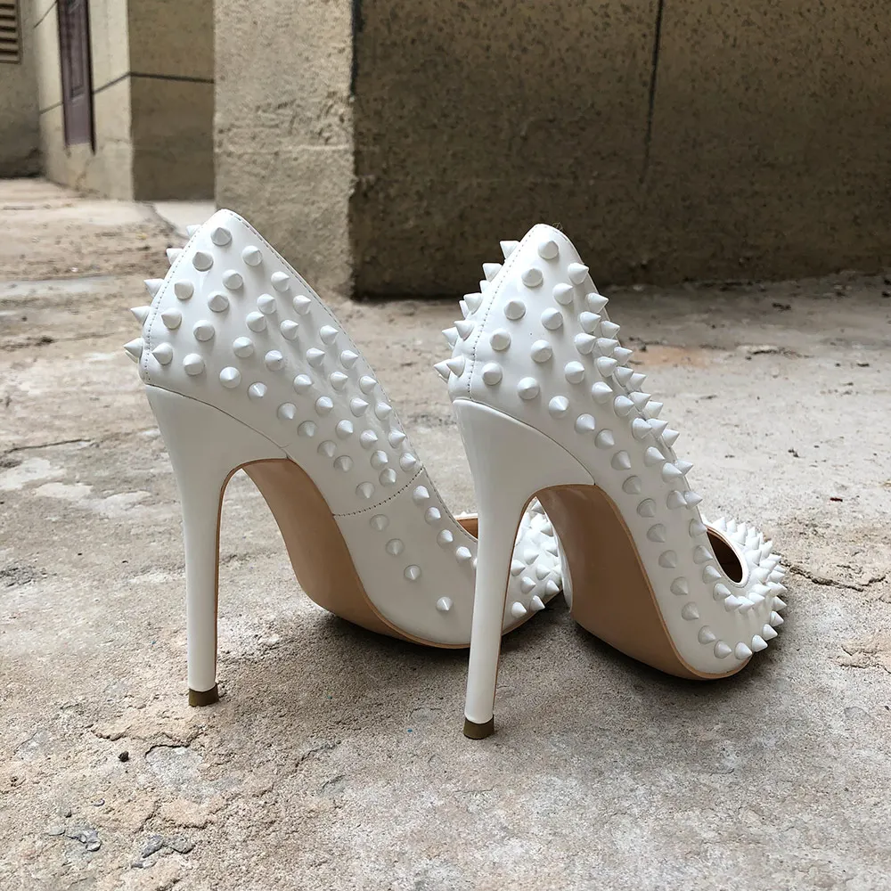 Veowalk/женские белые шипами; женская обувь с острым носком пикантная обувь для ночного клуба на высоком каблуке; женская обувь с заклепками на высоком каблуке Дамская туфли-лодочки без шнуровки обувь для ночного клуба 12/10/8 СМ дополнительно