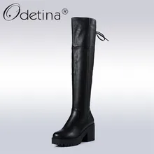 Odetina/Новинка года; модные сапоги до колена из коровьей кожи; сапоги для верховой езды на платформе с перекрестной шнуровкой; сапоги на высоком квадратном толстом каблуке с боковой молнией