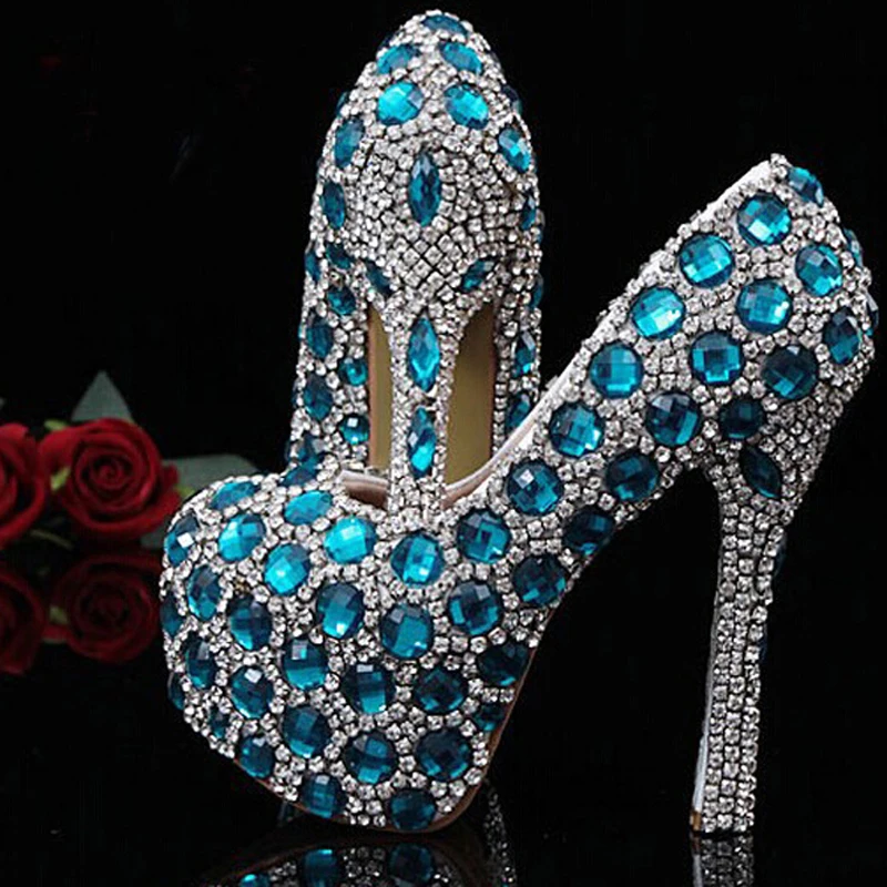 Unique Sparkling Blue Crystal Diamond Wedding Bridal Shoes