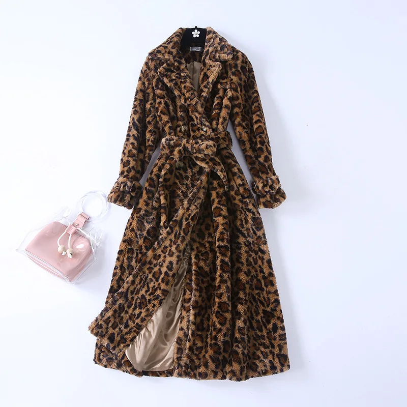 Женское сексуальное длинное пальто с леопардовым принтом и животным принтом, двубортное теплое пальто с зубчатым воротником, новинка, весеннее коричневое