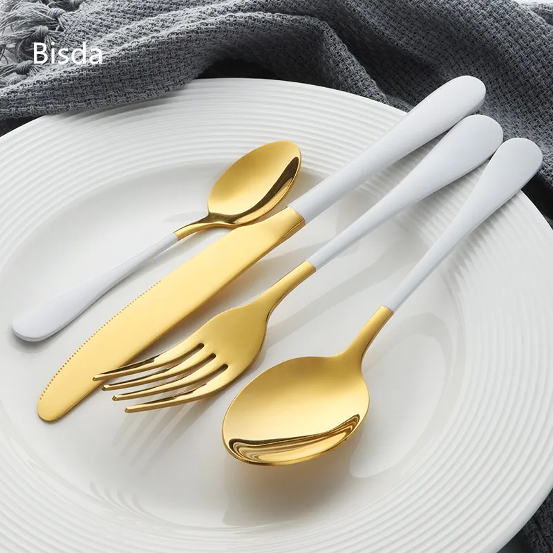 

Luxury Dinnerware Set Stainless Steel 24Pcs Gold Tableware White Handle Table Knife Fork Teaspoon Cutlery For 6 Persons In Home