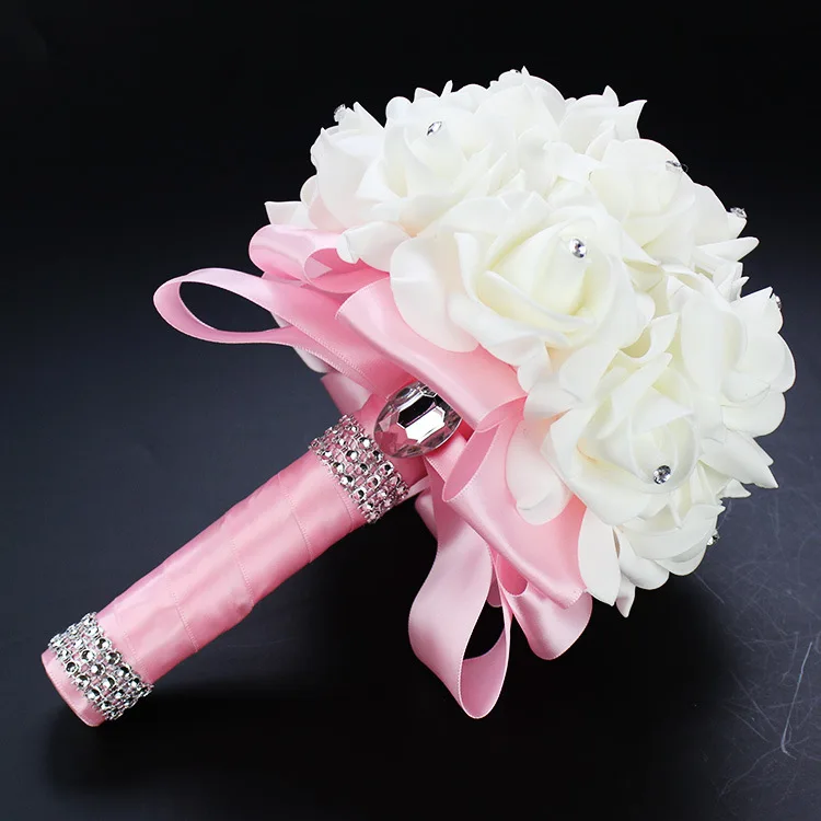 Ручной работы, красивый Сиреневый цветок невесты, свадебный букет, искусственный цветок, роза, лента, хрустальные букеты de noiva - Цвет: Розовый