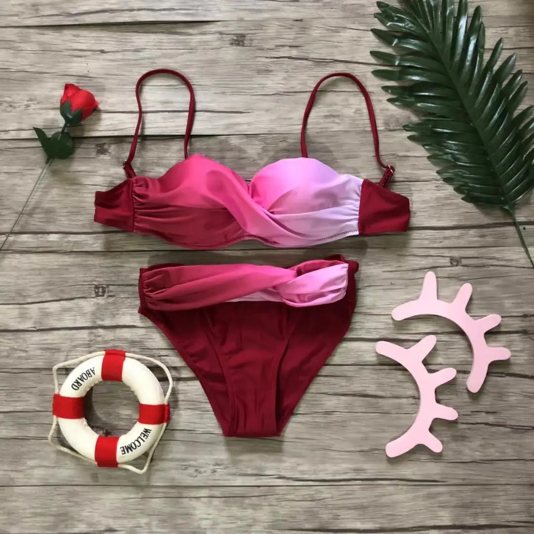 Сексуальный комплект с бюстгальтером, Женский бандо, бандаж, бикини, комплект с подкладкой, бразильский купальник, пляжная одежда, мода - Цвет: Красный