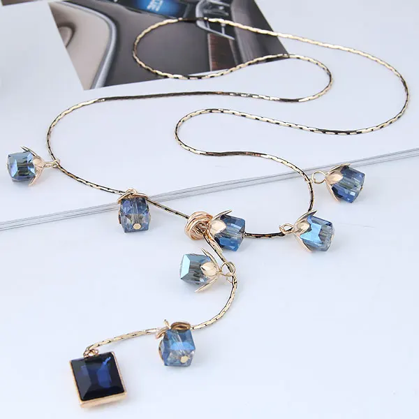 

blue crystal long necklaces for women gold color chain rhinestone square beads charm pendant female sweater necklace