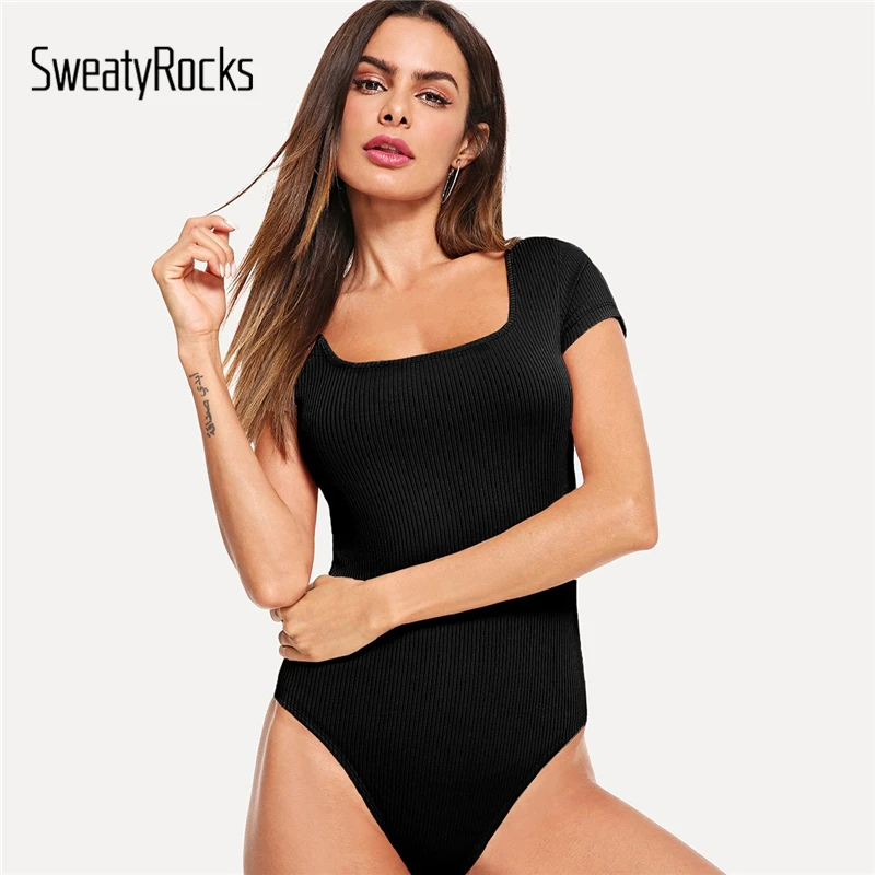 SweatyRocks الصلبة ضلع متماسكة نحيل ارتداءها كم كاب ساحة الرقبة Bodycon أنيقة ارتداءها 2019 الصيف النساء مثير داخلية