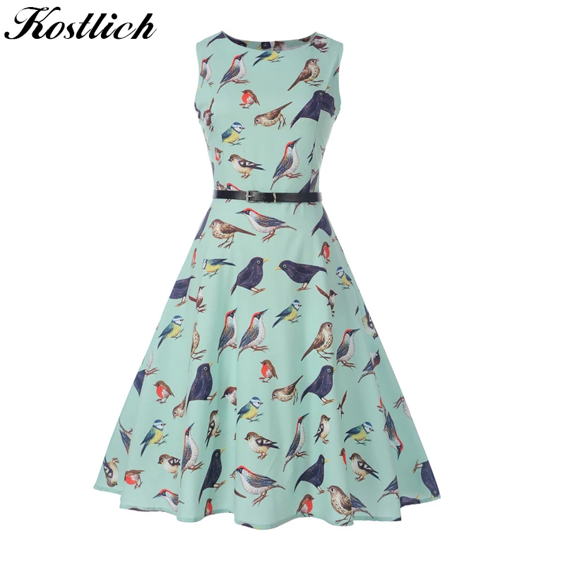 Kostlich Newest O Neck Bird Floral Print Vintage Dresses Summer Hepburn