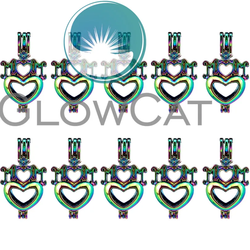 10x C562 Colorful Heart Mom Pearl Cage Locket Pendant Essential Oil Diffuser Beads DIY Jewelry For Oyster |