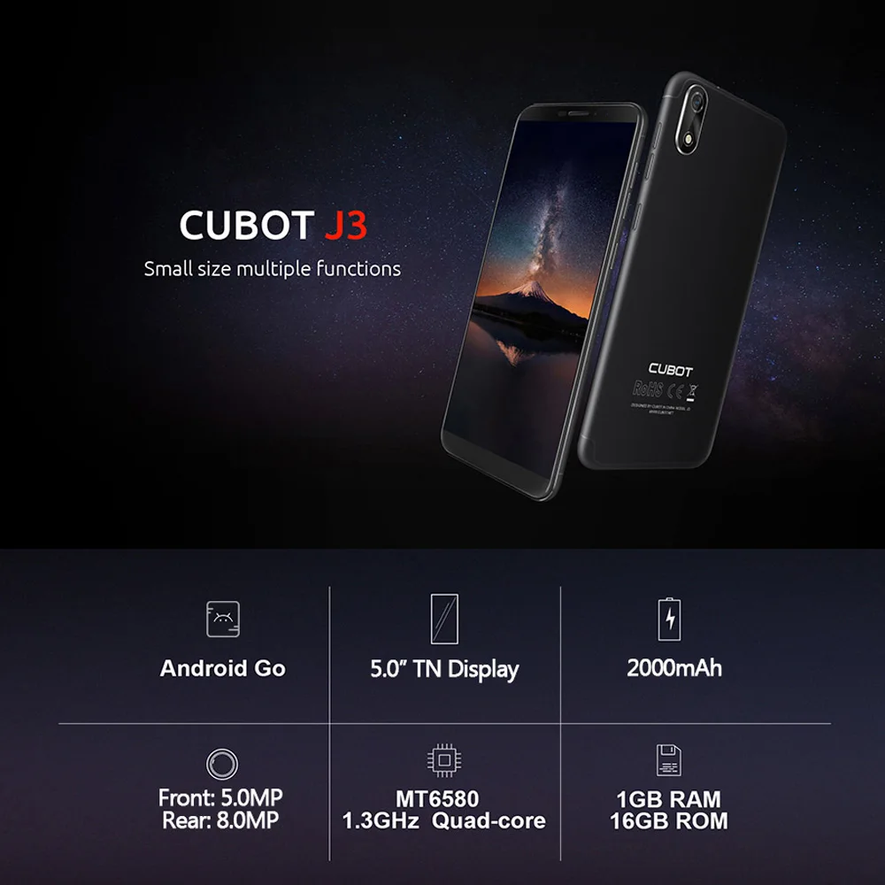 Cubot J3 3G Smartphone 5.0 inch Android GO MT6580 Quad Core 1.3GHz 1GB+16GB 8.0MP Rear Camera 2000mAh Fingerprint Mobile Phone