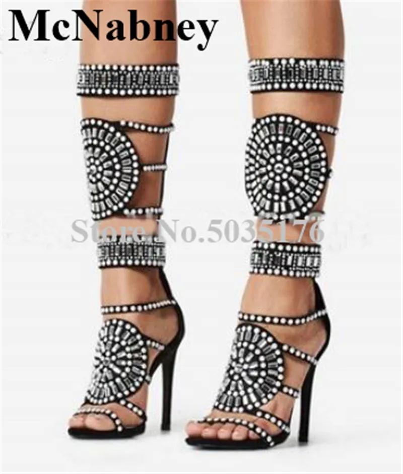 

European Summer Peep Toe Rhinestone Crystal High Stiletto Heels Mid-Calf Cover Heel Western Boots Zip Spring/Autumn Women Shoes