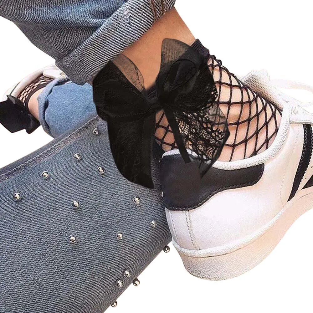 

2017 Fashion Women Ruffle Large Fishnet Ankle High Socks Hollow Out Thin Mesh Lace Bow Fish Net Short Socks Chaussettes Femme