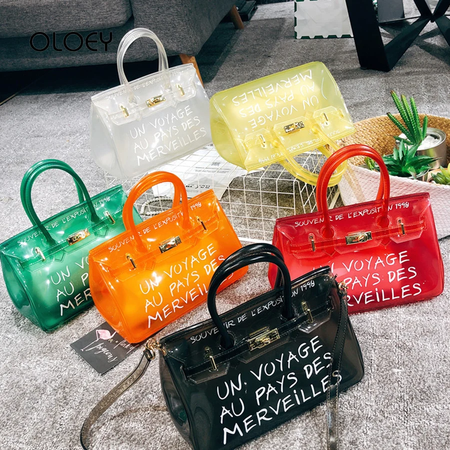 

Clear Transparent PVC Shoulder Bags Women Candy Color Jelly Bag Solid Color Letter Handbags Purse Large Capacity Crossbody Bags