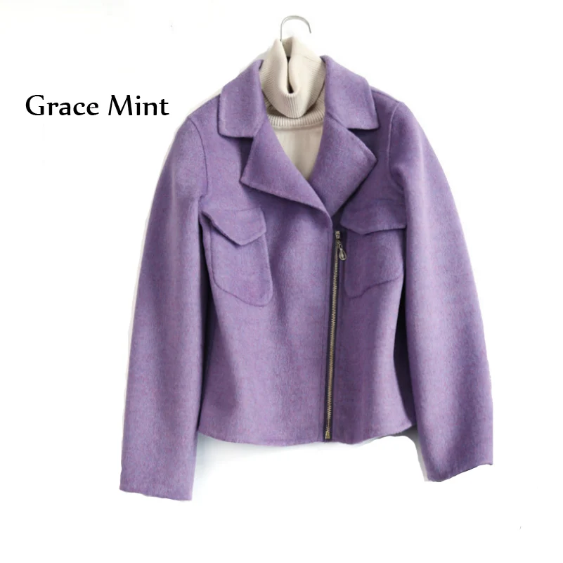 

Double Woolen Coat Autumn Winter Turn-down Collar Loose Pockets Locomotive Wear Short Jacket Women