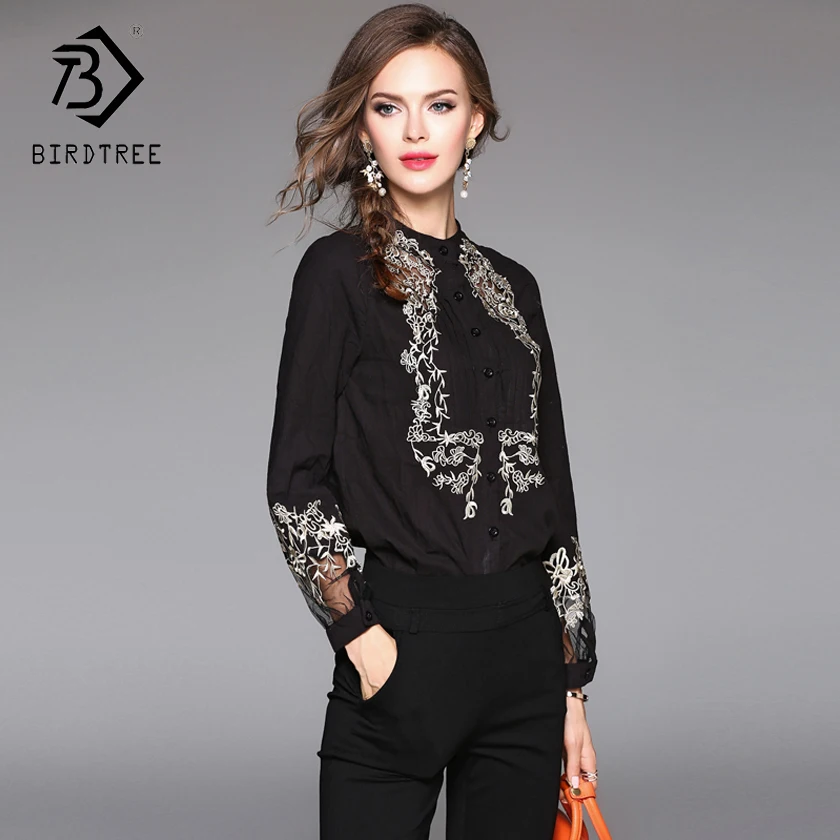 

European Spring Embroidery Women Blouses 2018 Black Lace Patchwork Elegance Lantern Sleeve Shirt Chiffon Office Tops 2XL T81228L