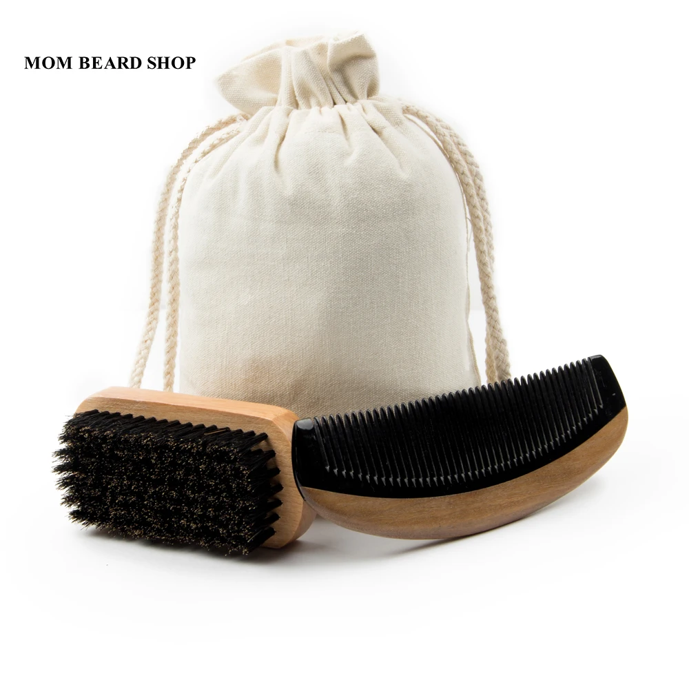

100% Natural Beard Brush Boar Hair Brush Sandalwood Horn Comb For Men Bear Care Gift Mustache Brush Can Engrave Logo+Cotton Bag