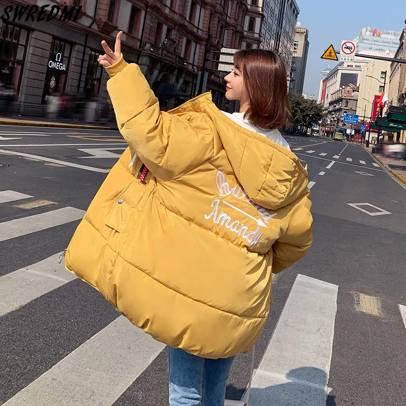

SWREDMI Medium Long Winter Coat Women 2019 Hooded Women's Down Cotton Jacket Letter Bread Loose Warm Parkas Girls Winter Jacket