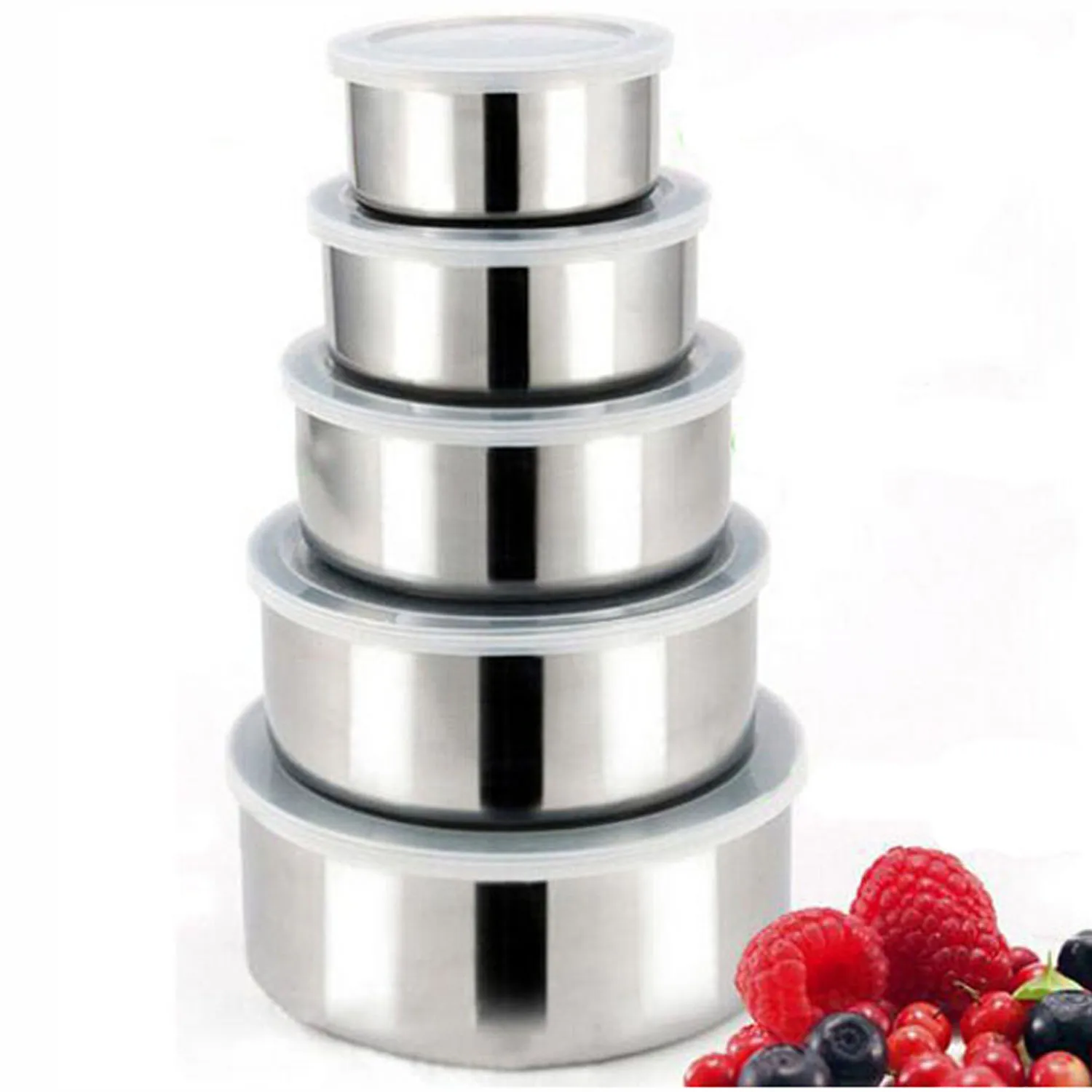 5 pcs Stainless Steel Food Storage Containers Box Mixing Bowls w Airtight lids Preserving Box