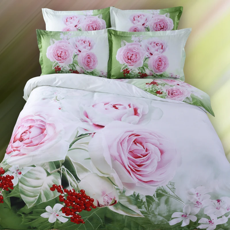 

3D Floral Pink Rose Light Green Bedding Set Queen King Quilt Cover Bed Sheet Pillowcase,100% Cotton Textiles 4pcs Bed in a Bag