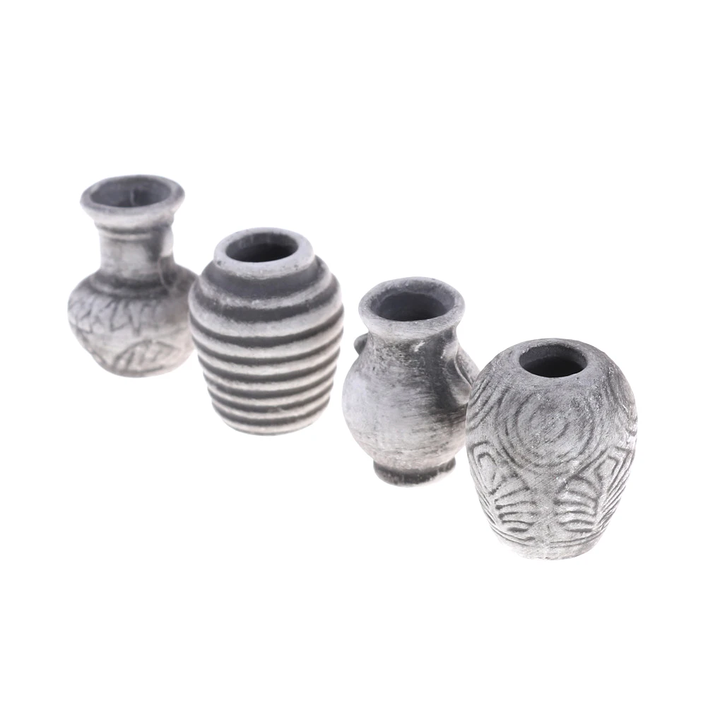

4pcs/lot Cute Mini Dollhouse Vases Miniatures Gray Ceramic Porcelain Vase Pot Room Ornament Set Of 12th Scale