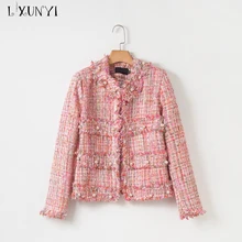 LXUNYI новая Розовая Трикотажная твидовая куртка для женщин с жемчугом и бусинами, высокая уличная верхняя одежда, осенняя куртка без воротника, пальто, тонкая Harajuku