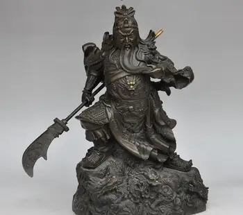 

14" Chinese Bronze Dragon Generals Guan Gong Guan Yu Warrior God Statue sculpture