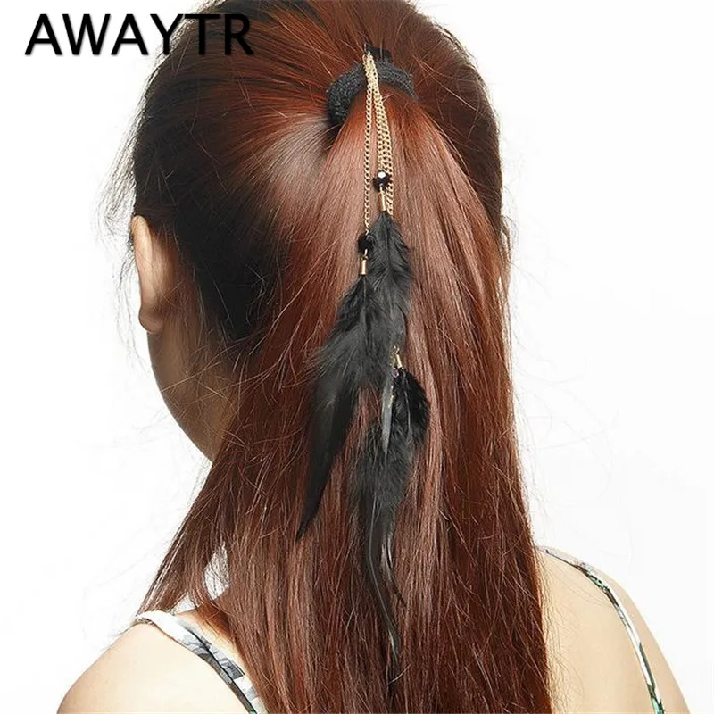

2019 AWAYTR Brand Long Rope Feather Hair Extensions Clip in Hair Extensions New Beaded Indian Feather Head Piece Headdress