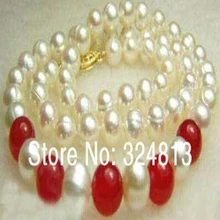Для женщин Великий 18 ''Akoya 7-8 мм белый жемчуг красный ожерелье#1965