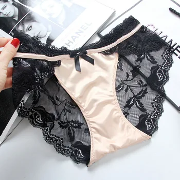 

QA090 Exquisite satin panties transparent lace bow low waist cute calcinha feminina sexy underwear