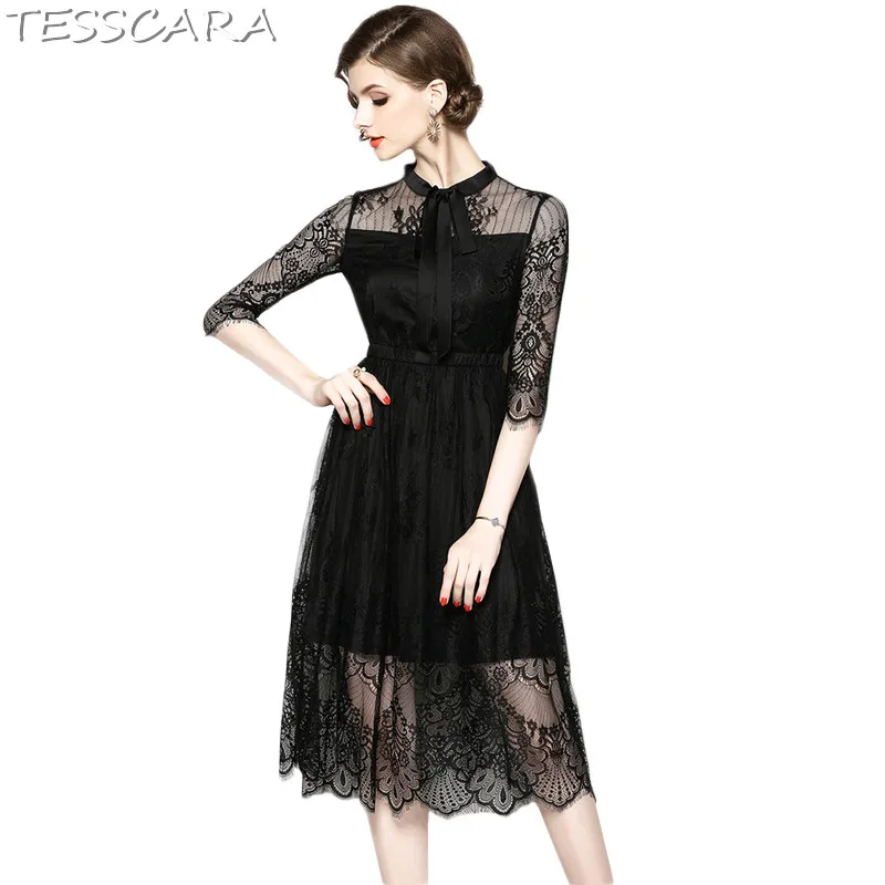 

TESSCARA Women Summer Autumn Luxury Lace Dress Shirt Female Elegant Cocktail Vestidos Vintage Office Party Robe Femme Plus Size