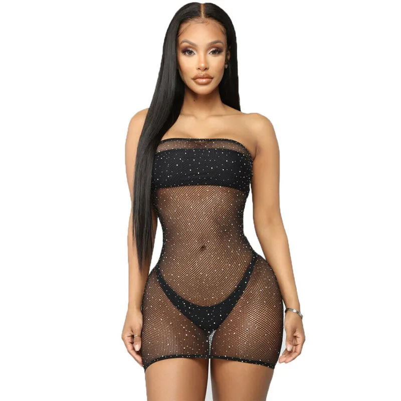 

Women hot summer bikini cover ups Sexy see-through beading strapless Mesh hollow beachwear bodycon sundress Bathing Swimsuit New