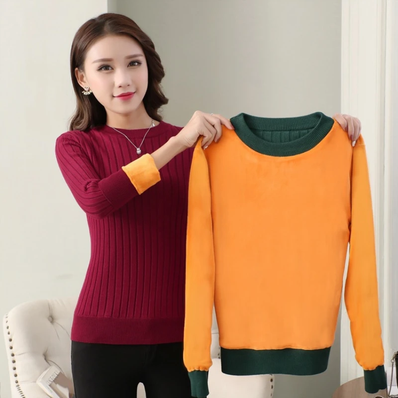 2018 Winter Plus Thick Velvet Knitwear sweater Velvet Lining Warm Pullover Long Sleeve Female Thick Sweater Plus Size MX037 2018 Winter Plus Thick Velvet Knitwear sweater Velvet Lining Warm Pullover Long Sleeve Female Thick Sweater Plus Size MX037