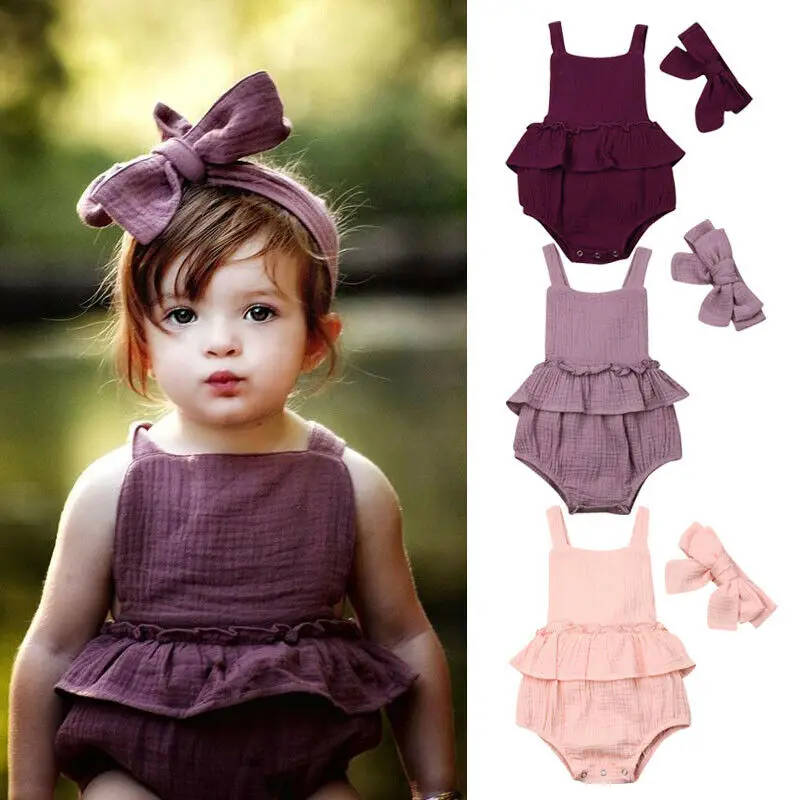 

Pudcoco 2019 Summer Solid Newborn Baby Girls Bodysuit Jumpsuit 2Pcs Outfit Sunsuit Strap Ruffle Clothes Dropshipping