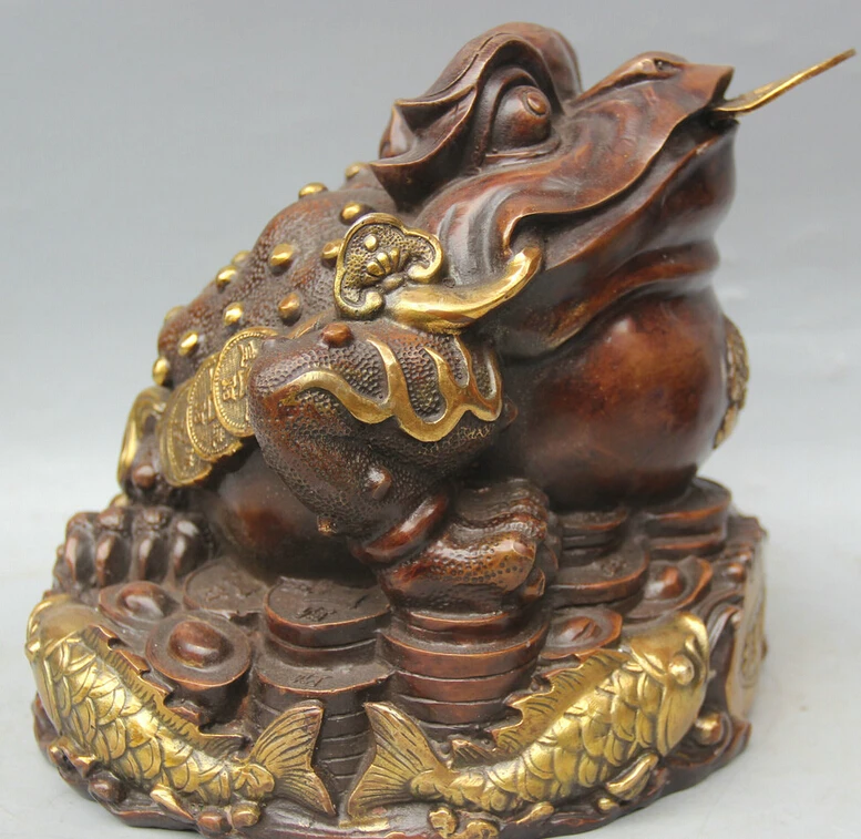 

free shipping 8" Chinese Fengshui Bronze Gold Coin Fish Golden Toad Spittor Money Rich Statue