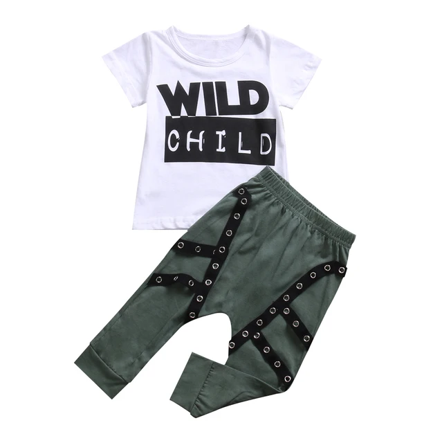 Letters Babies Wild Child Printing Street Rock Style Clothing Set